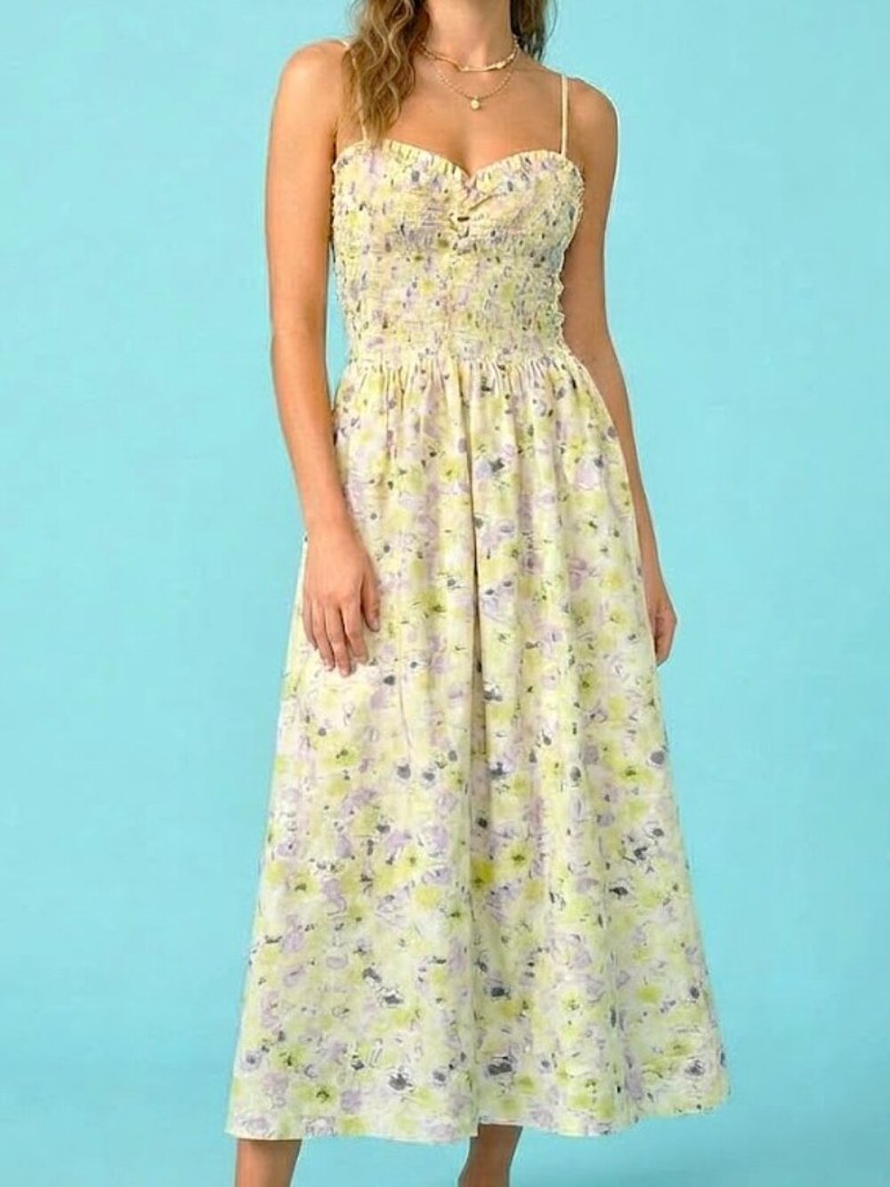 Yellow Floral Sweetheart Smocked Maxi Dress